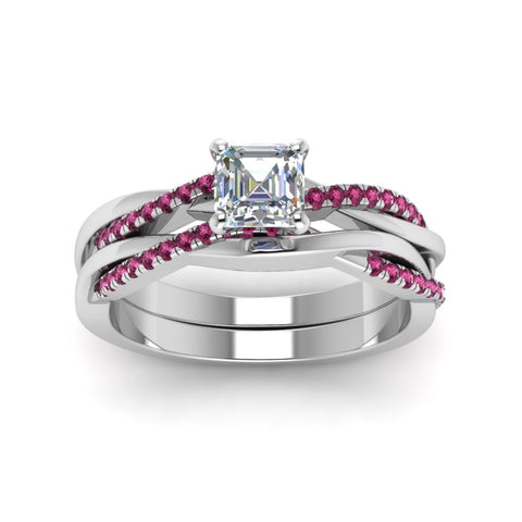 asscher-cut-Infinity-twist-diamond-matching-bridal-set-with-pink-sapphire-in-18K-white-gold-FD8253ASGSADRPI-NL-WG