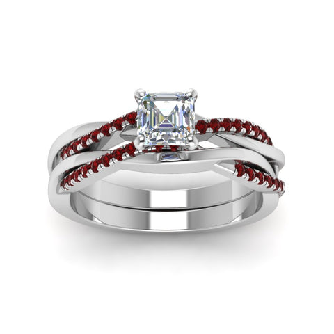 asscher-cut-Infinity-twist-diamond-matching-bridal-set-with-ruby-in-14K-white-gold-FD8253ASGRUDR-NL-WG