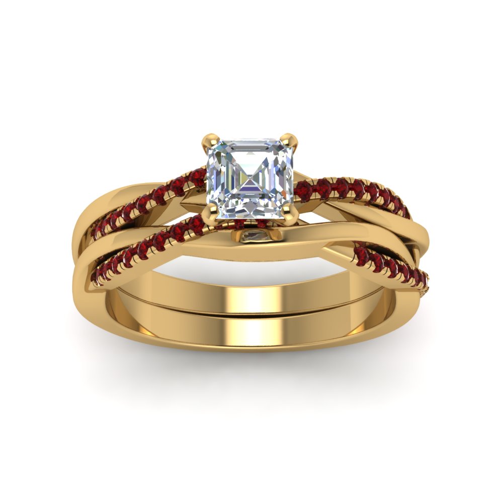 asscher-cut-Infinity-twist-diamond-matching-bridal-set-with-ruby-in-14K-yellow-gold-FD8253ASGRUDR-NL-YG