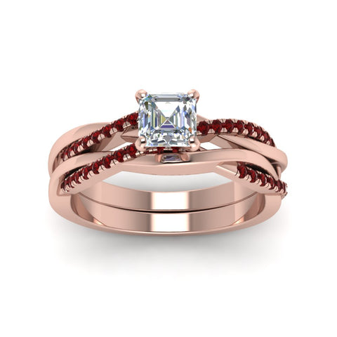 asscher-cut-Infinity-twist-diamond-matching-bridal-set-with-ruby-in-18K-rose-gold-FD8253ASGRUDR-NL-RG