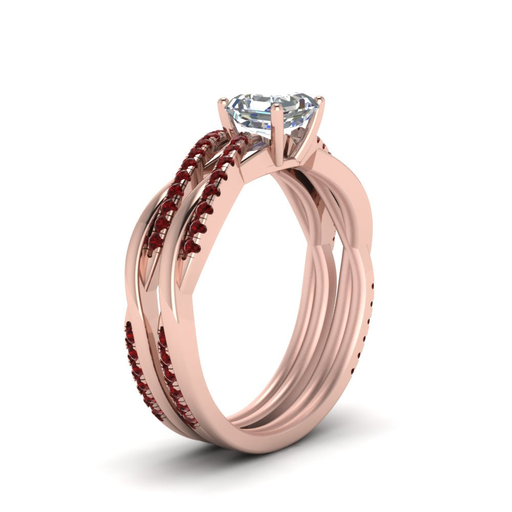 asscher-cut-Infinity-twist-diamond-matching-bridal-set-with-ruby-in-14K-rose-gold-FD8253ASGRUDR-NL-RG
