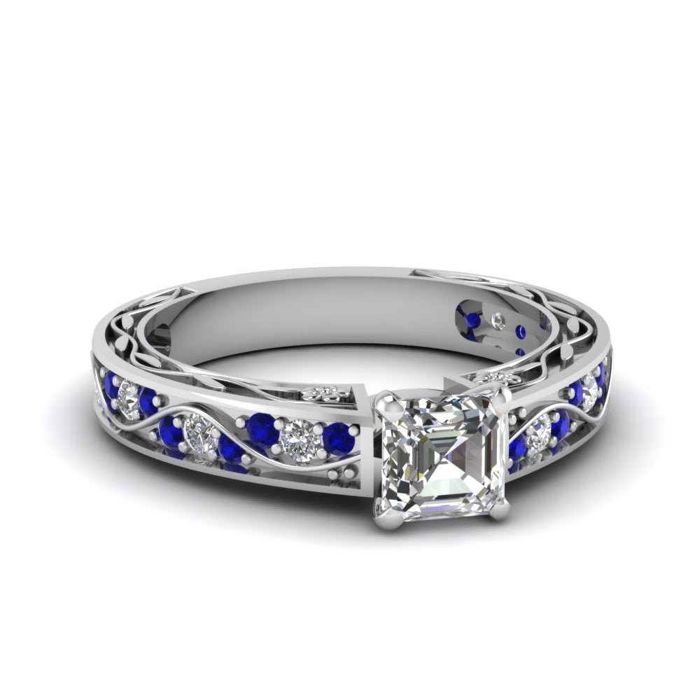 asscher-cut-antique-filigree-diamond-ring-with-blue-sapphire-in-14K-white-gold-FDENS3543ASRGSABL-NL-WG