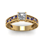 Load image into Gallery viewer, asscher-cut-antique-filigree-diamond-ring-with-blue-sapphire-in-14K-yellow-gold-FDENS3543ASRGSABLANGLE5-NL-YG_5df0419d-f1bc-4747-bc2e-dbb8897e4ffe
