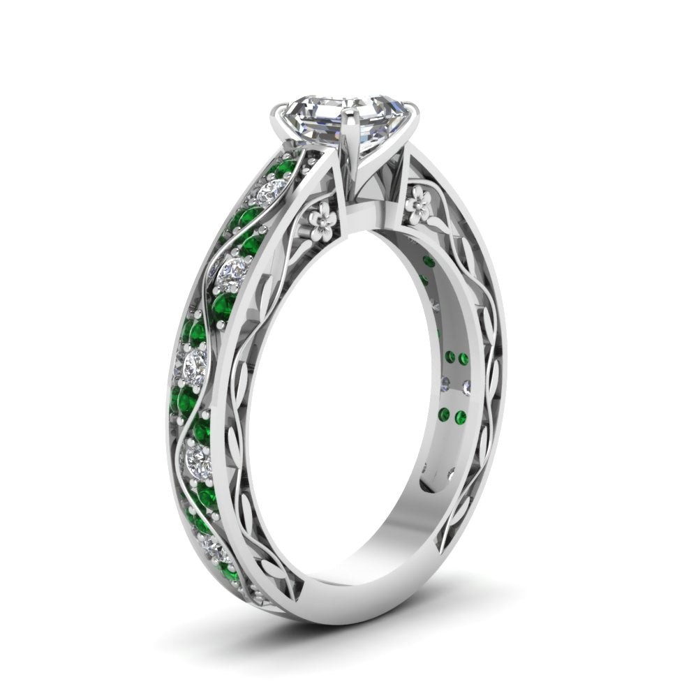 asscher-cut-antique-filigree-diamond-ring-with-emerald-in-14K-white-gold-FDENS3543ASRGEMGRANGLE2-NL-WG