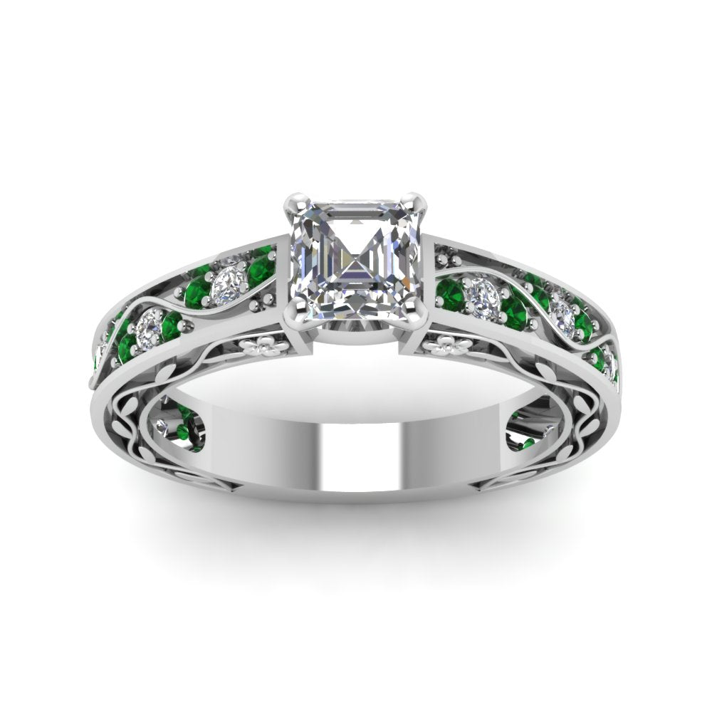 asscher-cut-antique-filigree-diamond-ring-with-emerald-in-14K-white-gold-FDENS3543ASRGEMGRANGLE5-NL-WG