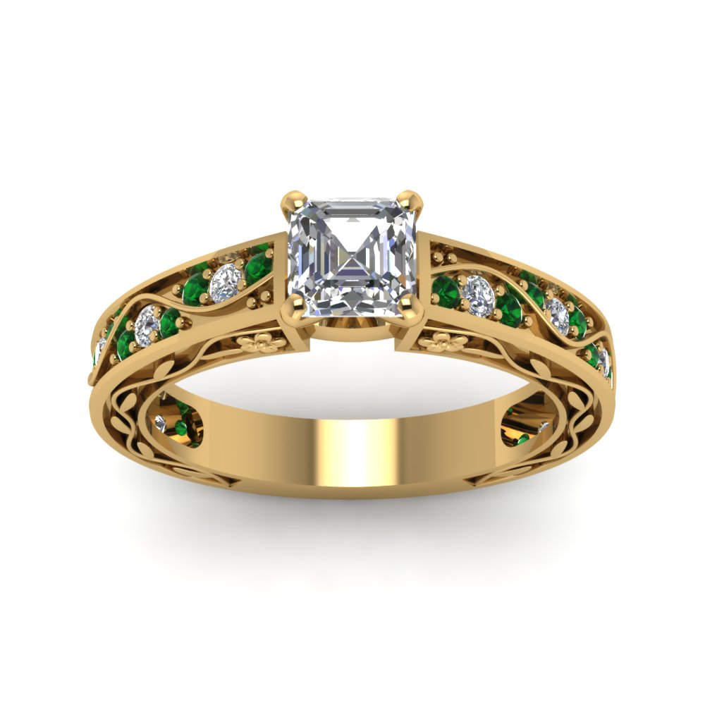 asscher-cut-antique-filigree-diamond-ring-with-emerald-in-14K-yellow-gold-FDENS3543ASRGEMGRANGLE5-NL-YG
