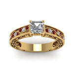 Load image into Gallery viewer, asscher-cut-antique-filigree-diamond-ring-with-ruby-in-14K-yellow-gold-FDENS3543ASRGRUDRANGLE5-NL-YG_cd0d3702-d234-48af-b6c6-36a311442eea
