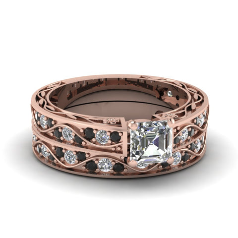 asscher-cut-antique-filigree-wedding-ring-set-with-black-diamond-in-rose-gold-FDENS3543ASGBLACK-NL-RG