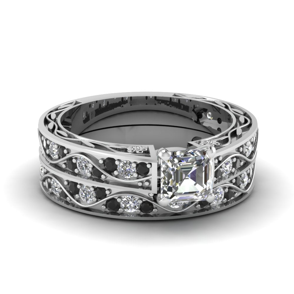 asscher-cut-antique-filigree-wedding-ring-set-with-black-diamond-in-white-gold-FDENS3543ASGBLACK-NL-WG
