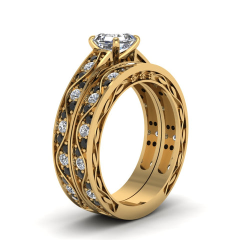 asscher-cut-antique-filigree-wedding-ring-set-with-black-diamond-in-yellow-gold-FDENS3543ASGBLACKANGLE2-NL-YG