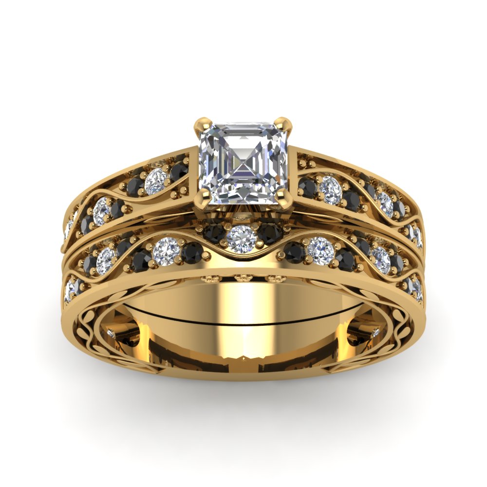 asscher-cut-antique-filigree-wedding-ring-set-with-black-diamond-in-yellow-gold-FDENS3543ASGBLACKANGLE5-NL-YG