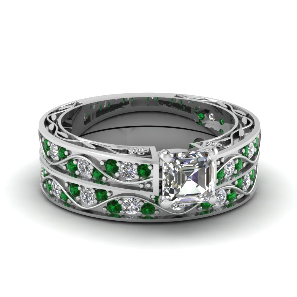 asscher-cut-antique-filigree-wedding-ring-set-with-emerald-in-white-gold-FDENS3543ASGEMGR-NL-WG