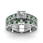 Load image into Gallery viewer, asscher-cut-antique-filigree-wedding-ring-set-with-emerald-in-white-gold-FDENS3543ASGEMGRANGLE5-NL-WG
