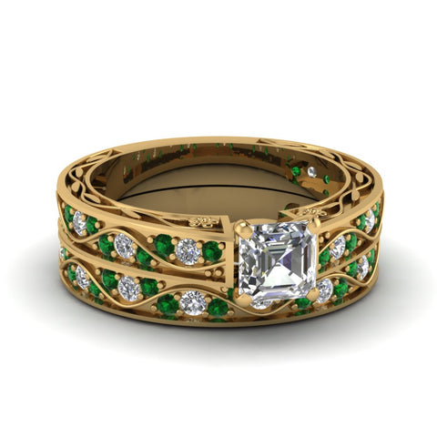 asscher-cut-antique-filigree-wedding-ring-set-with-emerald-in-yellow-gold-FDENS3543ASGEMGR-NL-YG