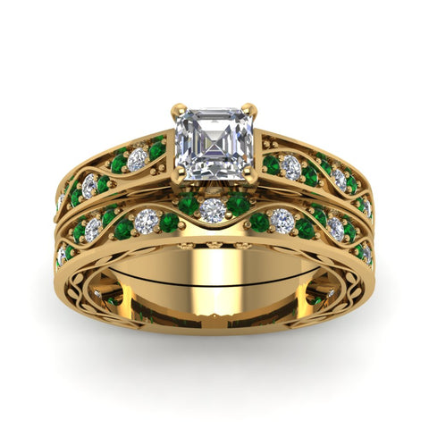 asscher-cut-antique-filigree-wedding-ring-set-with-emerald-in-yellow-gold-FDENS3543ASGEMGRANGLE5-NL-YG