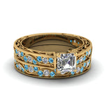 Load image into Gallery viewer, asscher-cut-antique-filigree-wedding-ring-set-with-ice-blue-topaz-in-yellow-gold-FDENS3543ASGICBLTO-NL-YG
