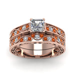 Load image into Gallery viewer, asscher-cut-antique-filigree-wedding-ring-set-with-orange-sapphire-in-rose-gold-FDENS3543ASGSAORANGLE5-NL-RG
