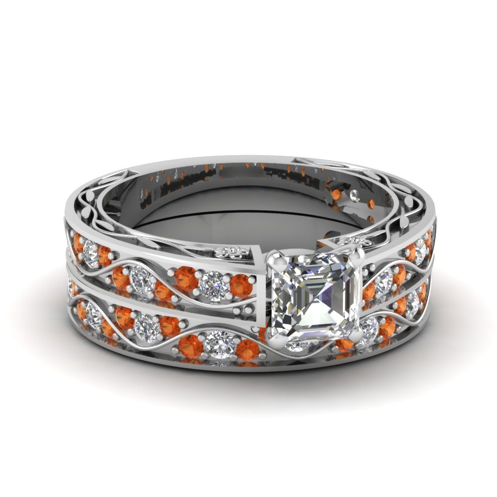 asscher-cut-antique-filigree-wedding-ring-set-with-orange-sapphire-in-white-gold-FDENS3543ASGSAOR-NL-WG