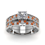 Load image into Gallery viewer, asscher-cut-antique-filigree-wedding-ring-set-with-orange-sapphire-in-white-gold-FDENS3543ASGSAORANGLE5-NL-WG
