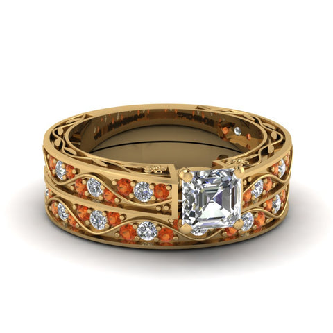 asscher-cut-antique-filigree-wedding-ring-set-with-orange-sapphire-in-yellow-gold-FDENS3543ASGSAOR-NL-YG