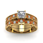 Load image into Gallery viewer, asscher-cut-antique-filigree-wedding-ring-set-with-orange-sapphire-in-yellow-gold-FDENS3543ASGSAORANGLE5-NL-YG