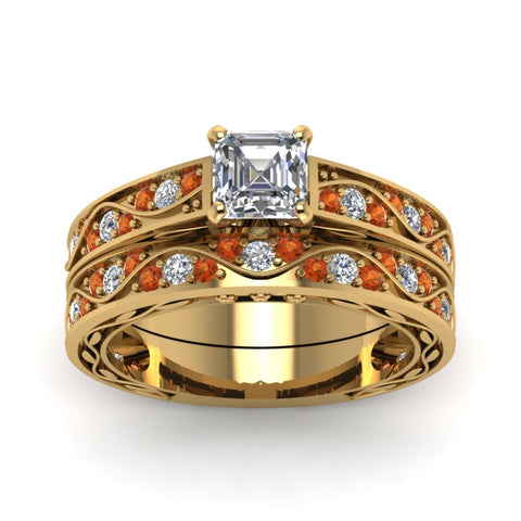 asscher-cut-antique-filigree-wedding-ring-set-with-orange-sapphire-in-yellow-gold-FDENS3543ASGSAORANGLE5-NL-YG