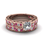 Load image into Gallery viewer, asscher-cut-antique-filigree-wedding-ring-set-with-pink-sapphire-in-rose-gold-FDENS3543ASGSADRPI-NL-RG