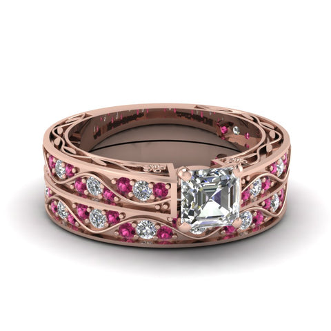 asscher-cut-antique-filigree-wedding-ring-set-with-pink-sapphire-in-rose-gold-FDENS3543ASGSADRPI-NL-RG