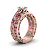 Load image into Gallery viewer, asscher-cut-antique-filigree-wedding-ring-set-with-pink-sapphire-in-rose-gold-FDENS3543ASGSADRPIANGLE2-NL-RG