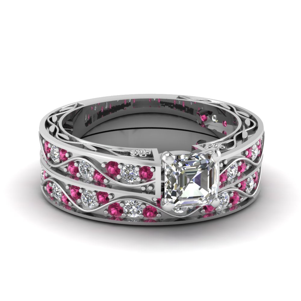 asscher-cut-antique-filigree-wedding-ring-set-with-pink-sapphire-in-white-gold-FDENS3543ASGSADRPI-NL-WG