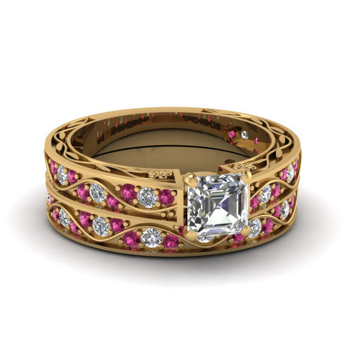 asscher-cut-antique-filigree-wedding-ring-set-with-pink-sapphire-in-yellow-gold-FDENS3543ASGSADRPI-NL-YG