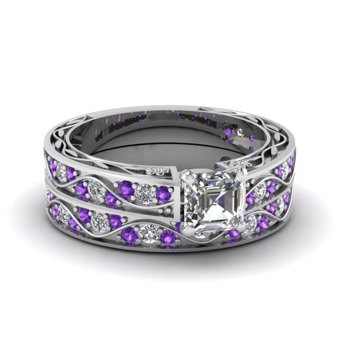 asscher-cut-antique-filigree-wedding-ring-set-with-purple-amethyst-in-white-gold-FDENS3543ASGVITO-NL-WG