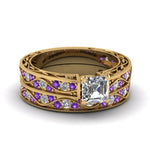 Load image into Gallery viewer, asscher-cut-antique-filigree-wedding-ring-set-with-purple-amethyst-in-yellow-gold-FDENS3543ASGVITO-NL-YG