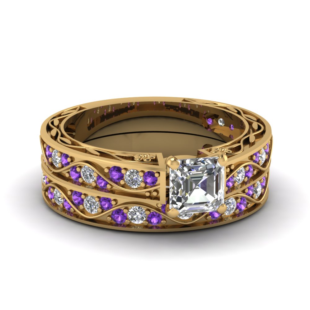 asscher-cut-antique-filigree-wedding-ring-set-with-purple-amethyst-in-yellow-gold-FDENS3543ASGVITO-NL-YG