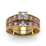 Load image into Gallery viewer, asscher-cut-antique-filigree-wedding-ring-set-with-purple-amethyst-in-yellow-gold-FDENS3543ASGVITOANGLE5-NL-YG
