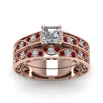 Load image into Gallery viewer, asscher-cut-antique-filigree-wedding-ring-set-with-ruby-in-rose-gold-FDENS3543ASGRUDRANGLE5-NL-RG