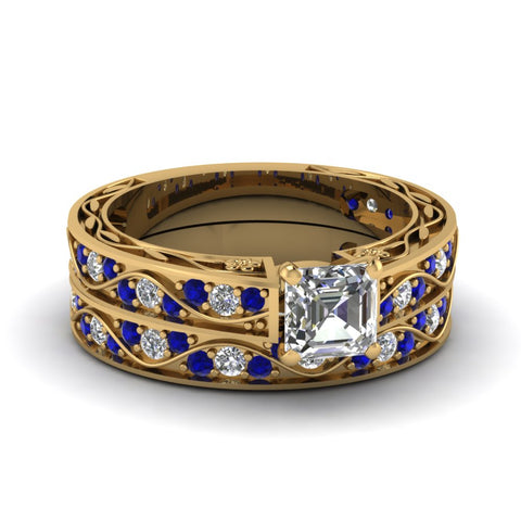 asscher-cut-antique-filigree-wedding-ring-set-with-sapphire-in-yellow-gold-FDENS3543ASGSABL-NL-YG