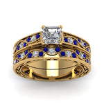 Load image into Gallery viewer, asscher-cut-antique-filigree-wedding-ring-set-with-sapphire-in-yellow-gold-FDENS3543ASGSABLANGLE5-NL-YG