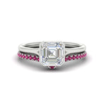 Load image into Gallery viewer, asscher-cut-bezel-solitaire-ring-with-pink-sapphire-band-in-white-gold-FD11229ASGSADRPI-NL-WG.jpg?v=1758702914

