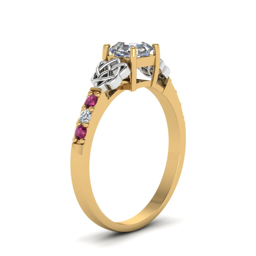asscher-cut-celtic-diamond-ring-with-pink-sapphire-in-14K-yellow-gold-FDENS2255ASRGSADRPIANGLE2-NL-YG