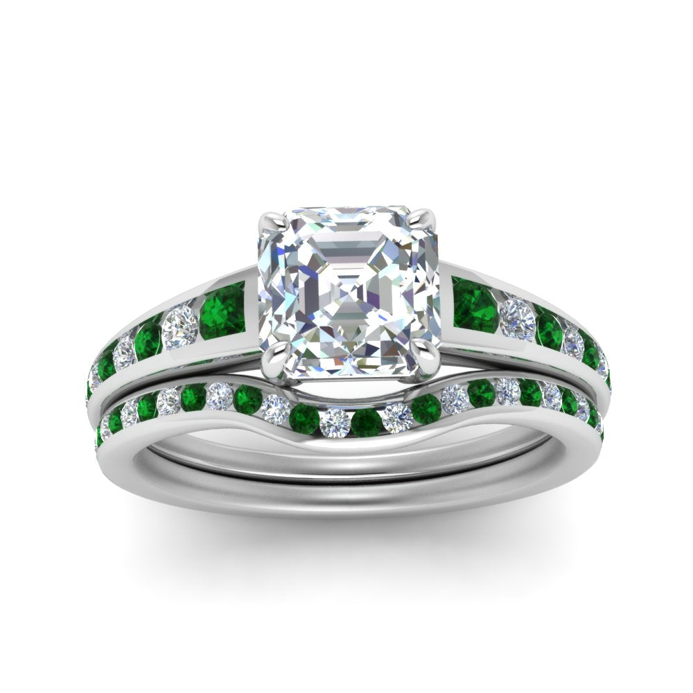 asscher-cut-graduated-channel-diamond-wedding-set-with-emerald-in-FD122866ASGEMGR-NL-WG