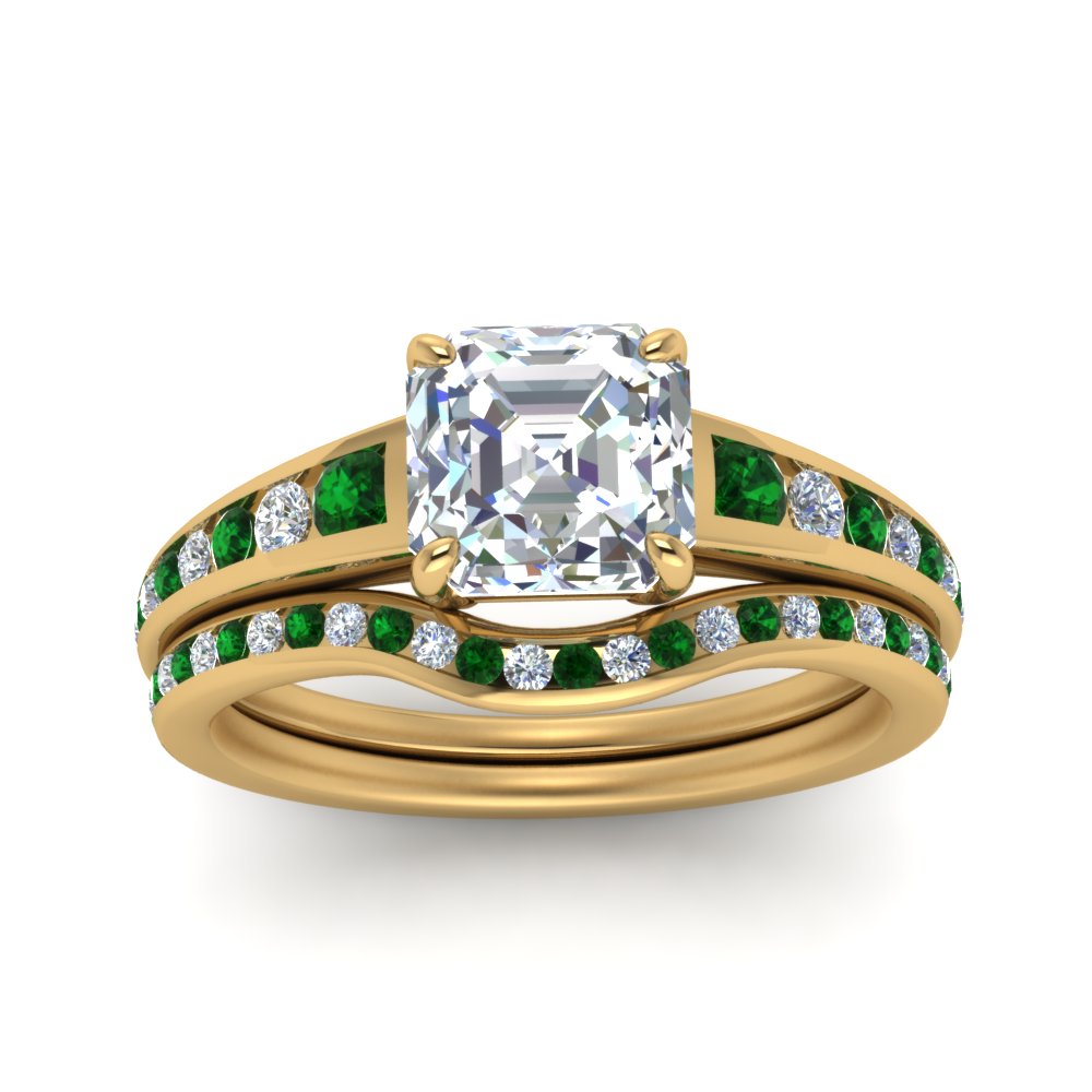 asscher-cut-graduated-channel-diamond-wedding-set-with-emerald-in-FD122866ASGEMGR-NL-YG