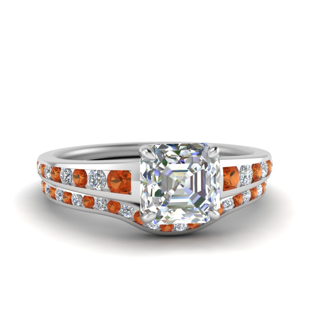 asscher-cut-graduated-channel-diamond-wedding-set-with-orange-sapphire-in-FD122866ASGSAOR-NL-WG