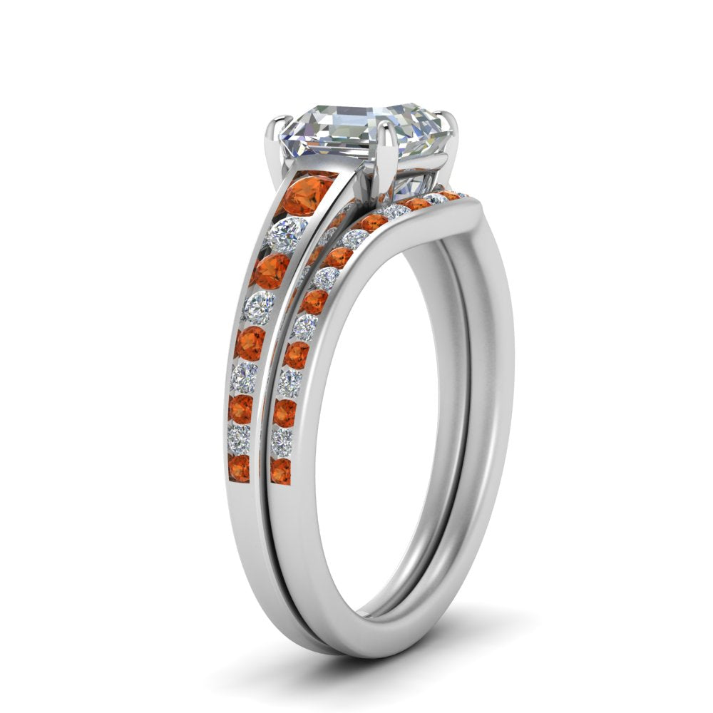 asscher-cut-graduated-channel-diamond-wedding-set-with-orange-sapphire-in-FD122866ASGSAOR-NL-WG