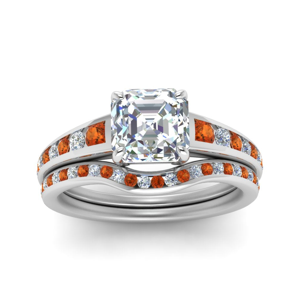 asscher-cut-graduated-channel-diamond-wedding-set-with-orange-sapphire-in-FD122866ASGSAOR-NL-WG