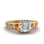 Load image into Gallery viewer, asscher-cut-graduated-channel-diamond-wedding-set-with-orange-sapphire-in-FD122866ASGSAOR-NL-YG
