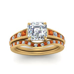 Load image into Gallery viewer, asscher-cut-graduated-channel-diamond-wedding-set-with-orange-sapphire-in-FD122866ASGSAOR-NL-YG
