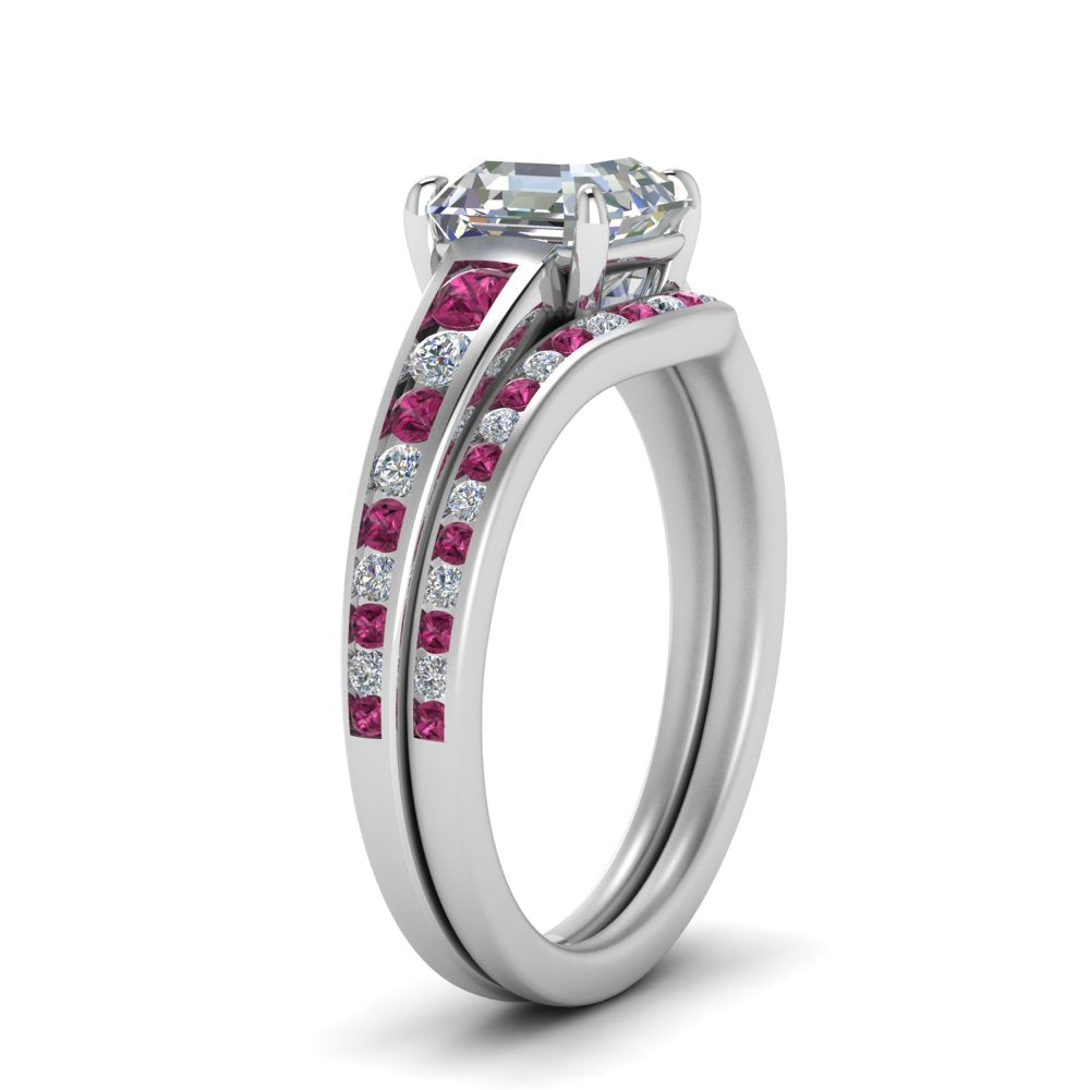 asscher-cut-graduated-channel-diamond-wedding-set-with-pink-sapphire-in-FD122866ASGSADRPI-NL-WG