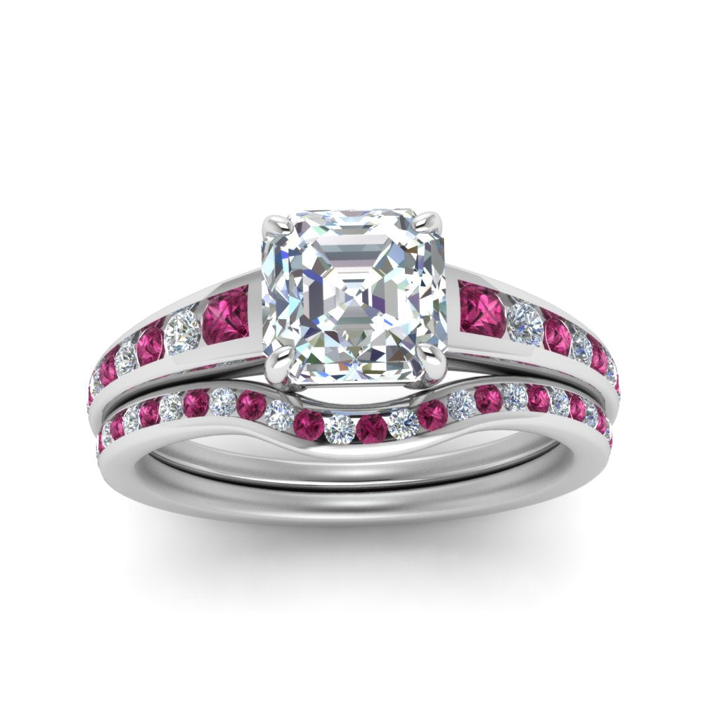 asscher-cut-graduated-channel-diamond-wedding-set-with-pink-sapphire-in-FD122866ASGSADRPI-NL-WG