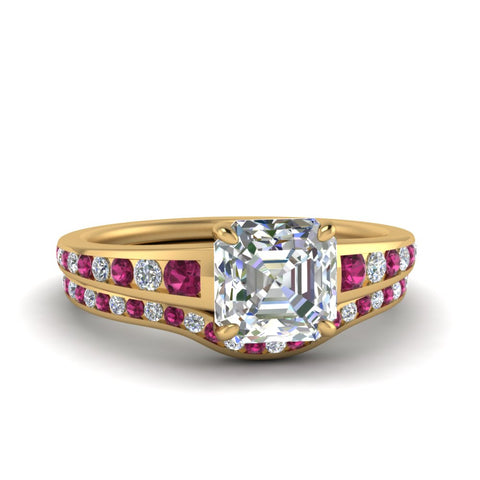 asscher-cut-graduated-channel-diamond-wedding-set-with-pink-sapphire-in-FD122866ASGSADRPI-NL-YG